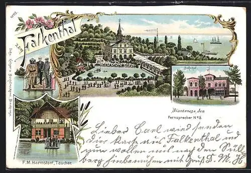 Lithographie Hamburg-Blankenese, Gasthof zum Falkenthal, Taucher, Bahnhof