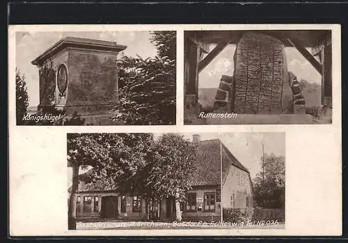 AK Busdorf b. Schleswig, Gasthaus H. Erichsen, Runenstein, Königshügel