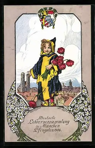 AK München, Deutsche Lehrerversammlung Pfingsten 1906, Münchner Kindl mit Rosen