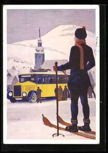 Künstler-AK Deutsche Reichspost, Skiläufer und Postbus