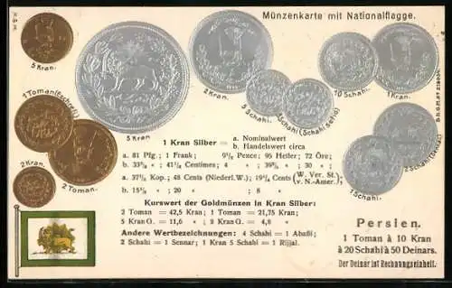 AK Münzenkarte mit Nationalflagge Persien, Geldmünzen 2 Kran, 5 Schahi, 2 Toman, Deinar ist Rechnungseinheit