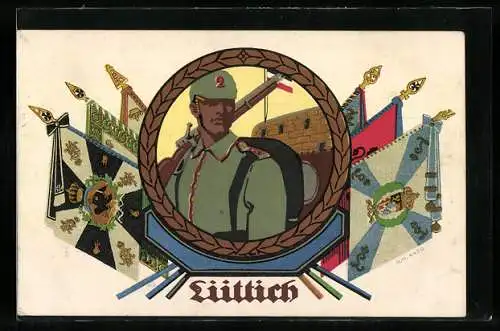 Künstler-AK W.I. unsign.: Lüttich, Soldat in Uniform mit Fahnen
