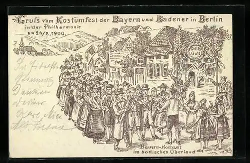 Lithographie Berlin, Kostümfest der Bayern und Badener in der Philharmonie, Bauern-Hochzeit im Jugendstil