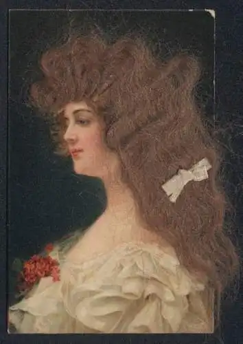Echt-Haar-AK Junge Frau im weissen Rüschenkleid mit roten Blumen und Schleife im echten Haar