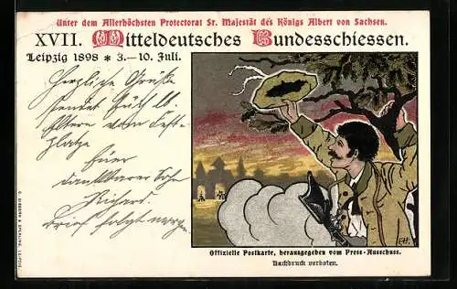 Lithographie Leipzig, XVII. Mitteldeutsches Bundesschiessen 1898, Festpostkarte, Ganzsache 5 Pfennig