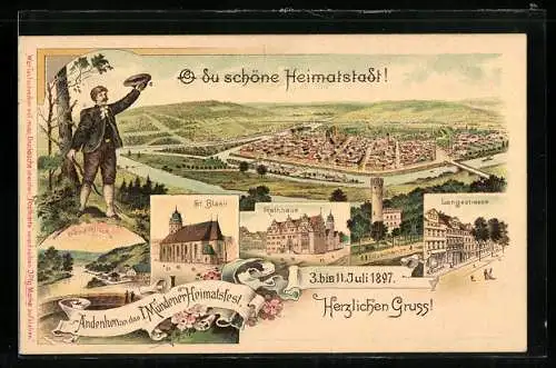 Lithographie Hann. Münden, 1. Mündener Heimatfest 1897, Langestrasse, Rathaus, Ganzsache 3 Pfennig