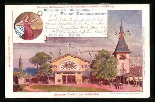 Künstler-AK Cassel, Gesangwettstreit Deutscher Männergesangvereine 1899, Aussenansicht der Festhalle, Ganzsache 5 Pfennig