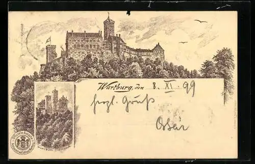 Lithographie Eisenach, Wartburg von verschiedenen Seiten betrachtet, Ganzsache 5 Pfennig
