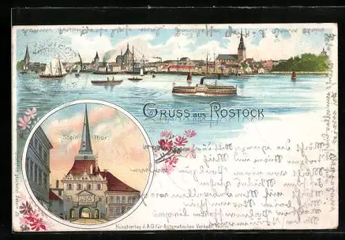 Lithographie Ganzsache PP9F84 /05: Rostock, Panorama mit Raddampfer, Stein-Thor