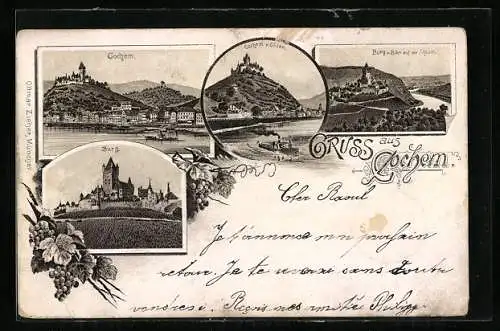 Vorläufer-Lithographie Cochem, 1895, Blick zur Burg, Ortsansicht, Dampfer