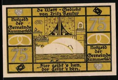 Notgeld Kummerfeld, 75 Pfennig, Der Bäcker liegt im Bett