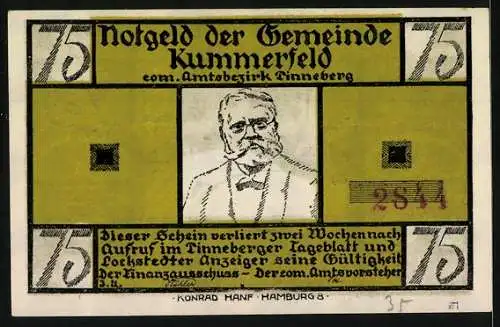 Notgeld Kummerfeld, 75 Pfennig, Der Bäcker am Schlafen