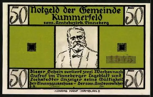 Notgeld Kummerfeld, 50 Pfennig, Die Bäckerin hat den Arzt gerufen