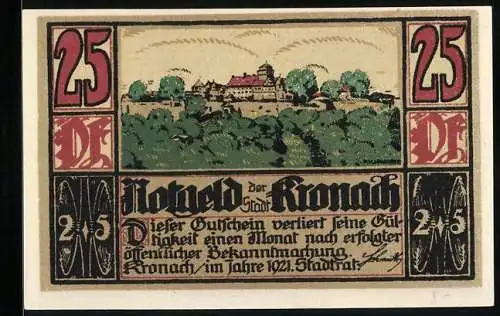 Notgeld Kronach 1921, 25 Pfennig, Ortsansicht mit der Festung