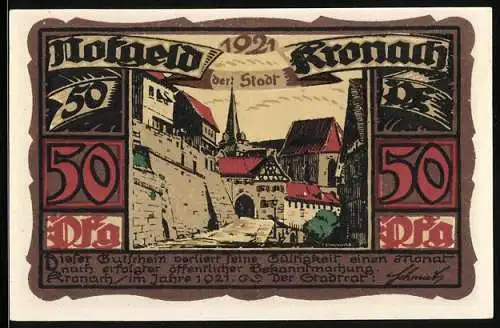 Notgeld Kronach 1921, 50 Pfennig, Ortspartie an der Befestigungsmauer