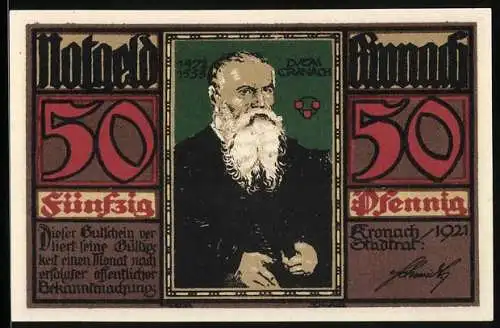 Notgeld Kronach 1921, 50 Pfennig, Bildnis von Lucas Cranach