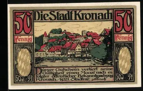 Notgeld Kronach 1921, 50 Pfennig, Ortsansicht vom Fluss aus