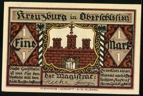 Notgeld Kreuzburg in Oberschlesien, 1 Mark, Portrait von Gustav Freytag