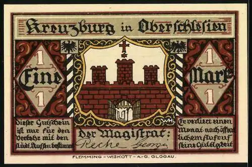 Notgeld Kreuzburg in Oberschlesien, 1 Mark, Die Kreuzherren vom roten Stern gründen Kreuzburg