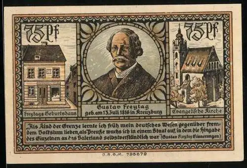 Notgeld Kreuzburg in Oberschlesien 1921, 75 Pfennig, Gustav Freytag, sein Geburtshaus, die evang. Kirche