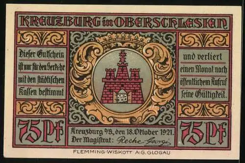 Notgeld Kreuzburg in Oberschlesien 1921, 75 Pfennig, Gustav Freytag, sein Geburtshaus, die evang. Kirche