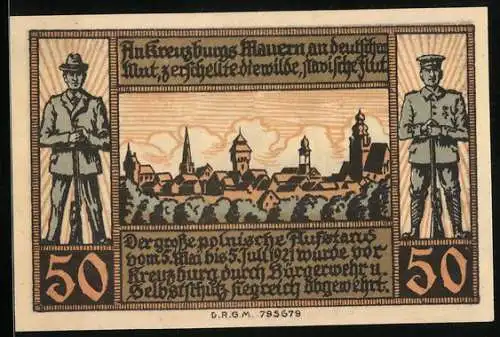 Notgeld Kreuzburg in Oberschlesien 1921, 50 Pfennig, Ortsansicht gegen Wolken