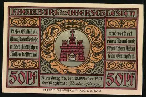 Notgeld Kreuzburg in Oberschlesien 1921, 50 Pfennig, Ortsansicht gegen Wolken