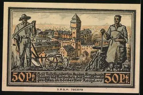 Notgeld Kreuzburg in Oberschlesien 1921, 50 Pfennig, Bauer und Schmied vor der Stadt