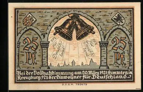 Notgeld Kreuzburg in Oberschlesien 1921, 25 Pfennig, Glocken leuten für Zugehörigkeit zu Deutschland
