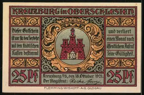 Notgeld Kreuzburg in Oberschlesien 1921, 25 Pfennig, Glocken leuten für Zugehörigkeit zu Deutschland