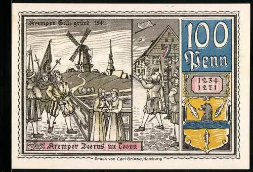 Notgeld Krempe 1920, 100 Pfennig, Rathaus, Siedlung mit Windmühle 1541