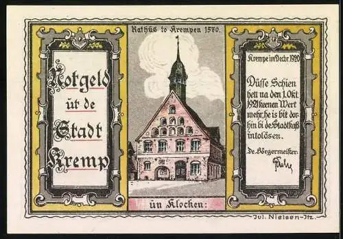 Notgeld Krempe 1920, 100 Pfennig, Rathaus, Siedlung mit Windmühle 1541