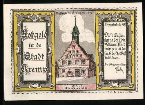 Notgeld Krempe 1920, 100 Pfennig, Rathaus, Windmühle 1541