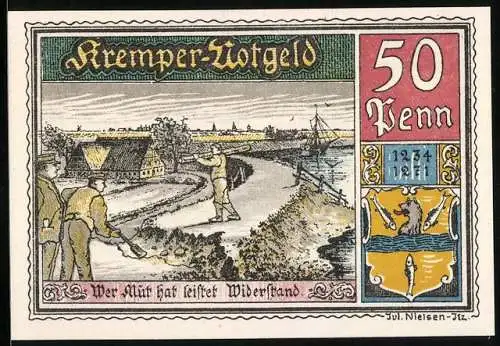 Notgeld Krempe 1920, 50 Pfennig, Kremper Vogelschiessen, Bürger leistet Widerstand