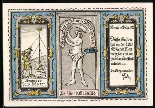 Notgeld Krempe 1920, 50 Pfennig, Mutiger Bürger leistet Widerstand