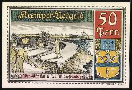 Notgeld Krempe 1920, 50 Pfennig, Mutiger Bürger leistet Widerstand