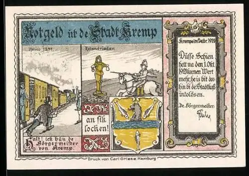 Notgeld Krempe 1920, 25 Pfennig, Bürgermeister anno 1857, Rolandfrieden, Das Stadttor