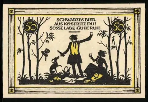 Notgeld Köstritz 1921, 50 Pfennig, Paar beim Picknick trinkt schwarzes Bier