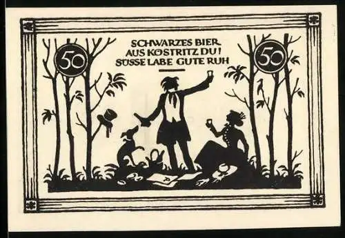 Notgeld Köstritz 1921, 50 Pfennig, Schwarzes Bier wird beim Picknick getrunken