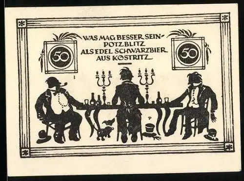Notgeld Köstritz 1921, 50 Pfennig, Drei Herren trinken Schwarzbier