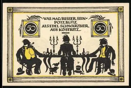 Notgeld Köstritz 1921, 50 Pfennig, Drei Herren betrinken sich mit Schwarzbier