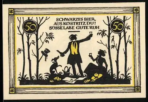 Notgeld Köstritz 1921, 50 Pfennig, Paar beim Picknick mit Schwarzbier