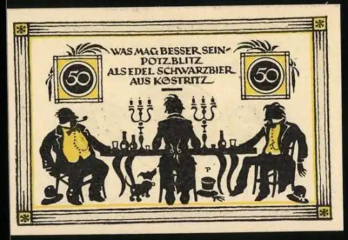 Notgeld Köstritz 1921, 50 Pfennig, Herren trinken Schwarzbier am Tisch