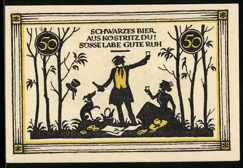 Notgeld Köstritz 1921, 50 Pfennig, Mann prostet seiner Frau mit Schwarzbier zu