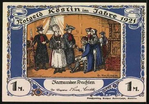 Notgeld Köslin 1921, 1 Mark, Szene mit Menschen in Jamunder Trachten