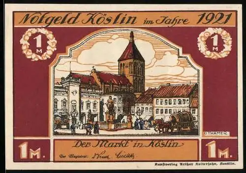 Notgeld Köslin 1921, 1 Mark, Der Markt mit Blick zur Kirche