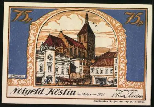 Notgeld Köslin 1921, 75 Pfennig, Blick zur Kirche