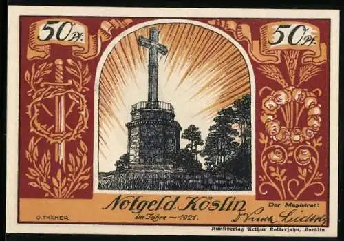 Notgeld Köslin 1921, 50 Pfennig, Blick auf grosses Kreuz