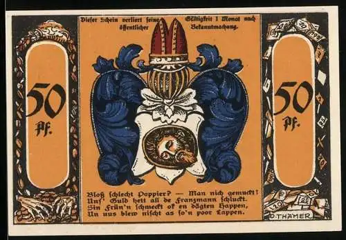 Notgeld Köslin 1921, 50 Pfennig, Schmied mit schwerem Hammer und Gänsen