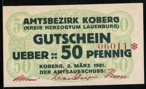 Notgeld Koberg /Lauenburg 1921, 50 Pfennig, Kontroll-Nr. 06011